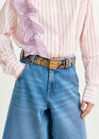 Essentiel Antwerp Pink Striped Cotton Shirt with Ruffle Detail