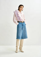 Essentiel Antwerp Pink Striped Cotton Shirt with Ruffle Detail