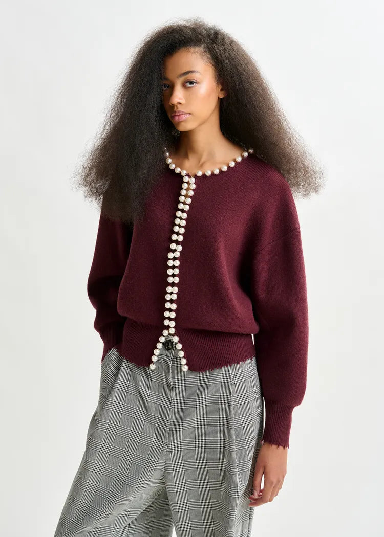 Essentiel Antwerp Burgundy Cardigan with Pearl Embellishments