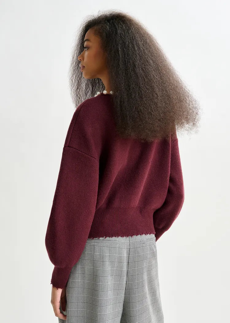 Essentiel Antwerp Burgundy Cardigan with Pearl Embellishments