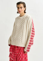 Essentiel Antwerp Off-White Cable-Knit Wool-Blend Sweater with Checked Back Panel