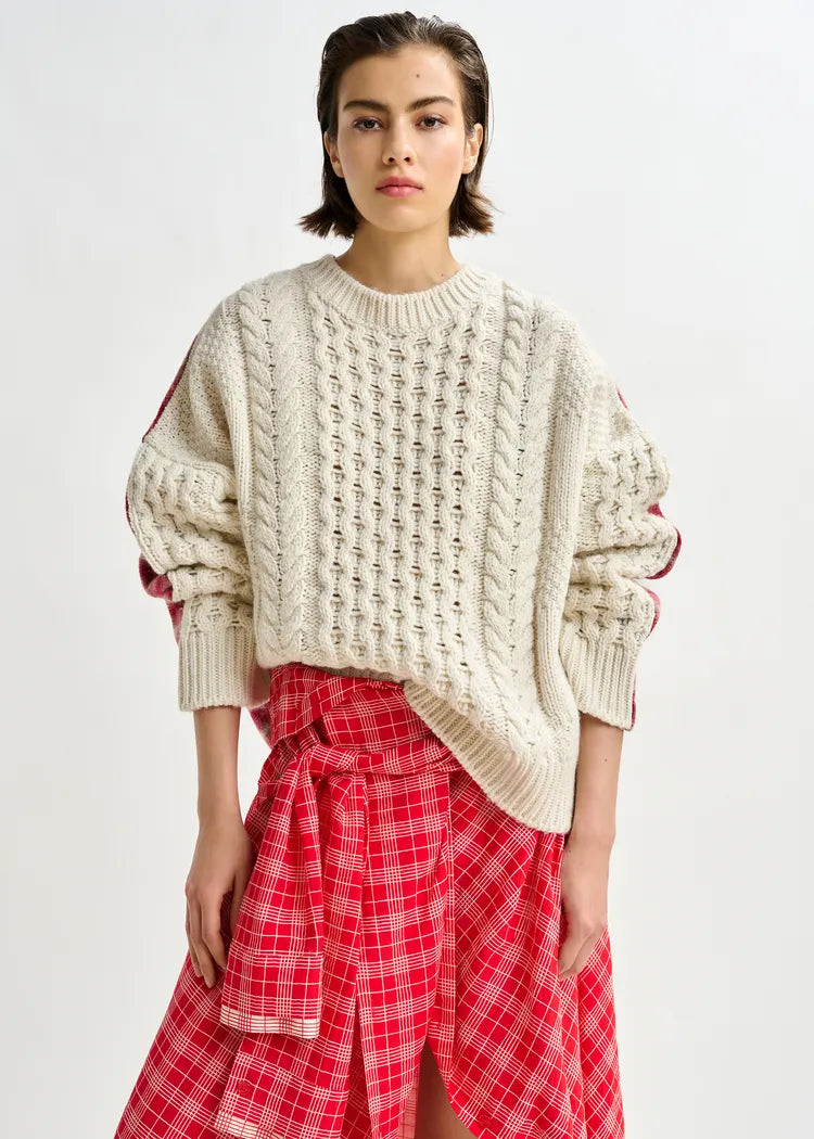 Essentiel Antwerp Off-White Cable-Knit Wool-Blend Sweater with Checked Back Panel