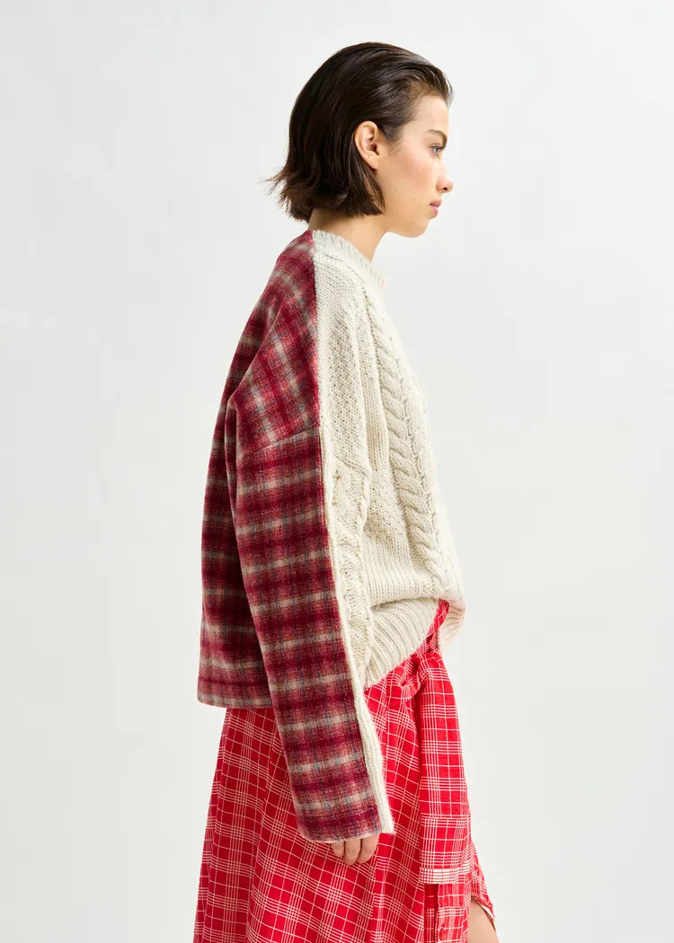 Essentiel Antwerp Off-White Cable-Knit Wool-Blend Sweater with Checked Back Panel