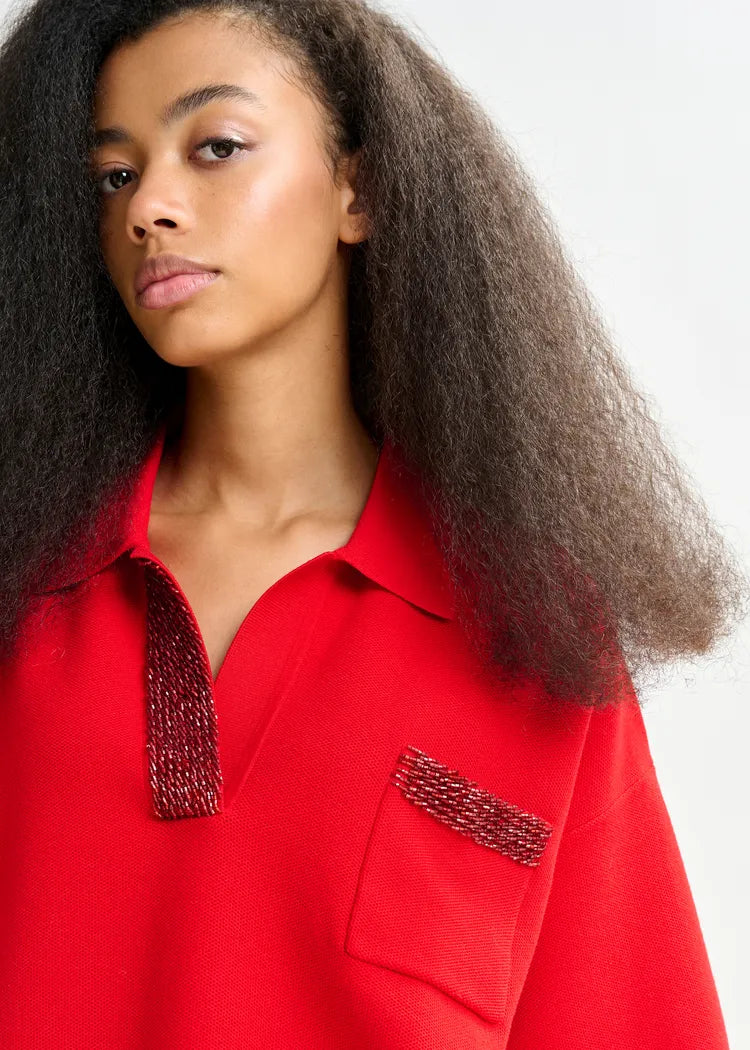 Essentiel Antwerp Red Polo Top with Bead Embellishments