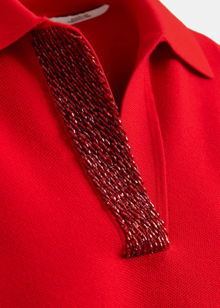 Essentiel Antwerp Red Polo Top with Bead Embellishments