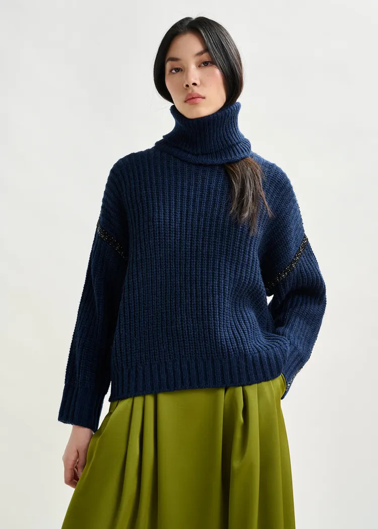Essentiel Antwerp Navy Chunky Knit Jumper with Detachable Turtleneck