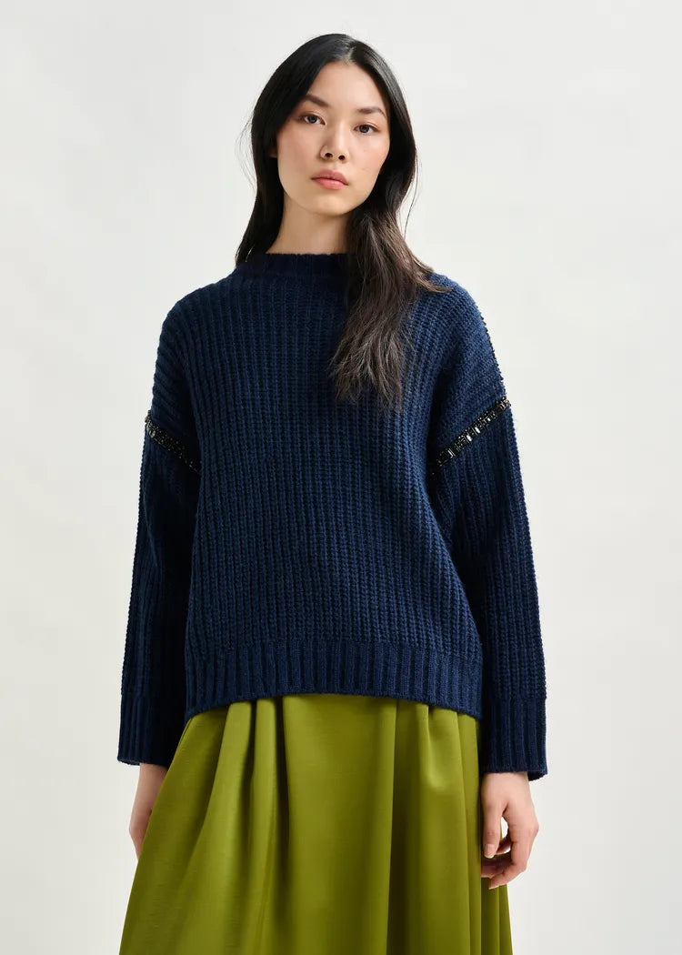 Essentiel Antwerp Navy Chunky Knit Jumper with Detachable Turtleneck