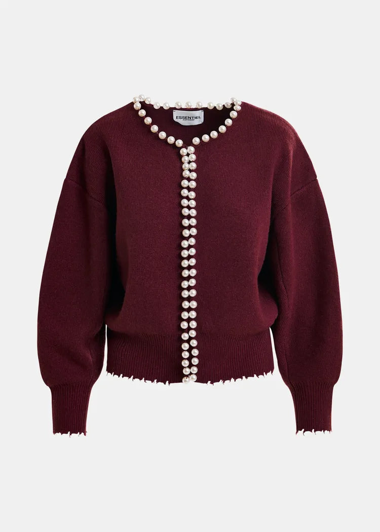 Essentiel Antwerp Burgundy Cardigan with Pearl Trim
