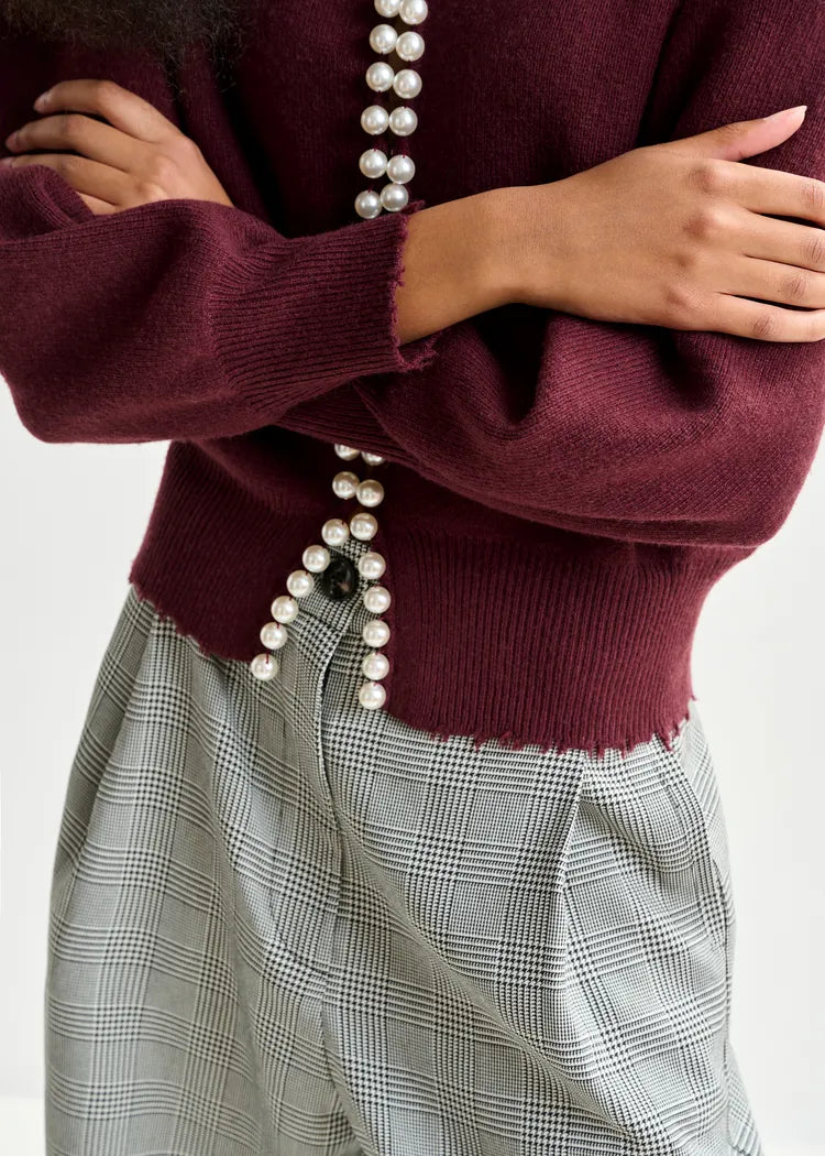 Essentiel Antwerp Burgundy Cardigan with Pearl Trim