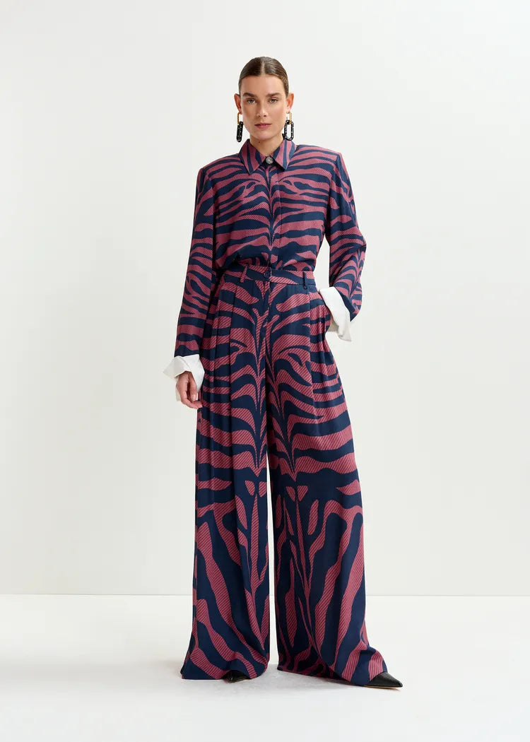 Essentiel Antwerp Navy & Mauve Zebra Print Palazzo Pants