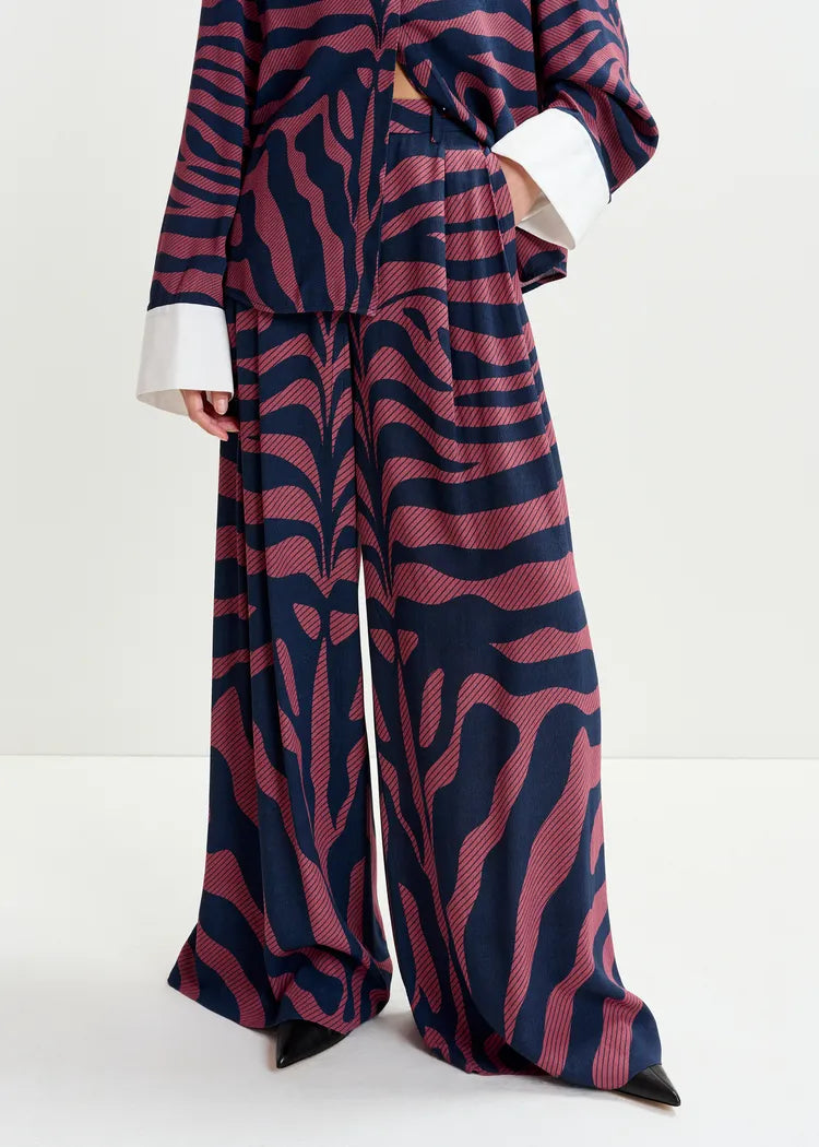 Essentiel Antwerp Navy & Mauve Zebra Print Palazzo Pants