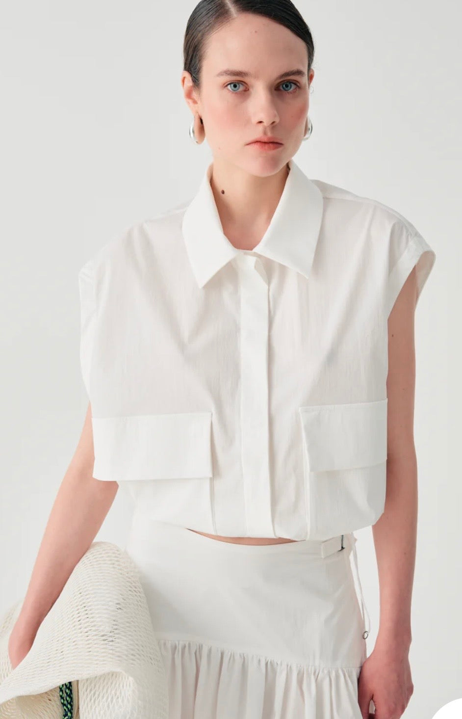 Beatrice B White Sleeveless Cropped Shirt