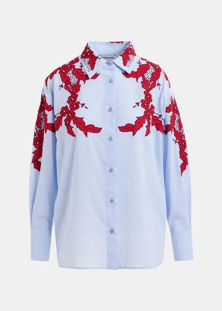 Essentiel Antwerp Blue Cotton Shirt with Burgundy Appliqué and Rhinestone Embellishment