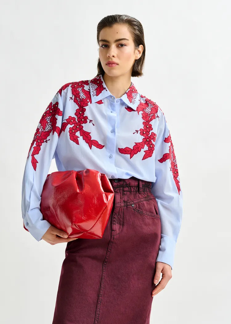 Essentiel Antwerp Blue Cotton Shirt with Burgundy Appliqué and Rhinestone Embellishment