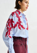 Essentiel Antwerp Blue Cotton Shirt with Burgundy Appliqué and Rhinestone Embellishment