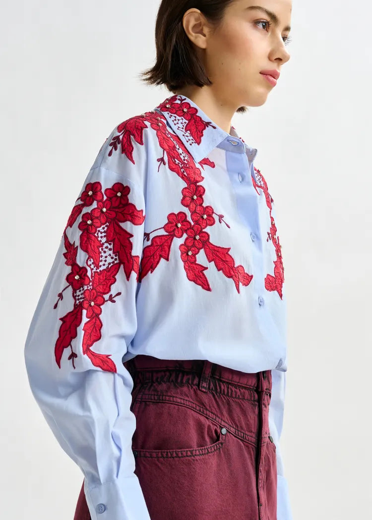 Essentiel Antwerp Blue Cotton Shirt with Burgundy Appliqué and Rhinestone Embellishment