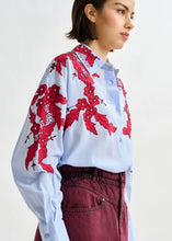 Load image into Gallery viewer, Essentiel Antwerp Blue Cotton Shirt with Burgundy Appliqué and Rhinestone Embellishment
