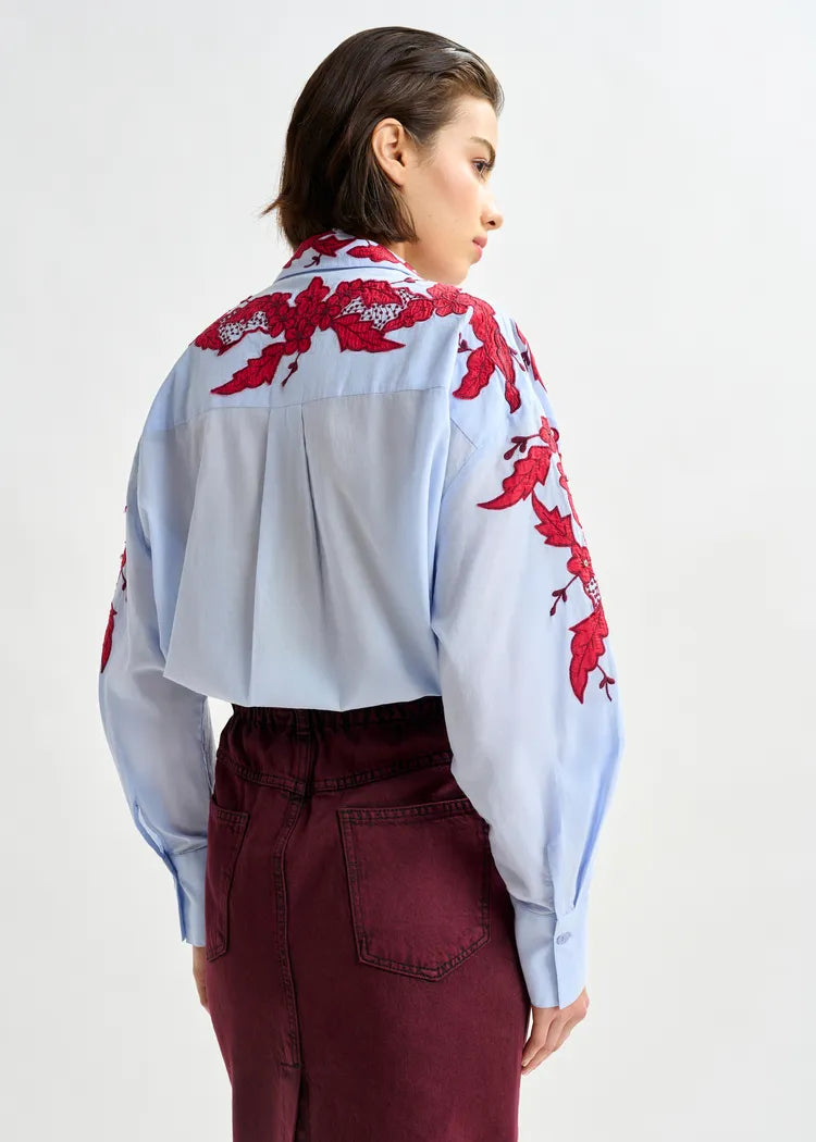 Essentiel Antwerp Blue Cotton Shirt with Burgundy Appliqué and Rhinestone Embellishment
