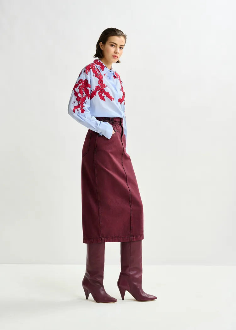 Essentiel Antwerp Blue Cotton Shirt with Burgundy Appliqué and Rhinestone Embellishment