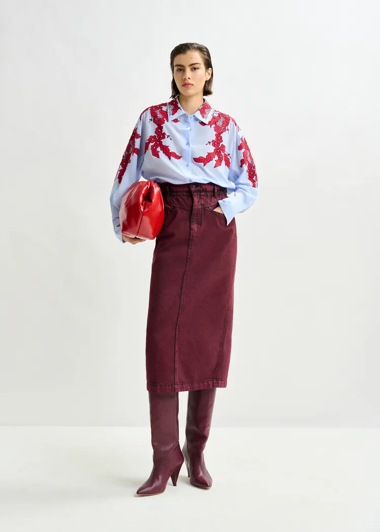 Essentiel Antwerp Blue Cotton Shirt with Burgundy Appliqué and Rhinestone Embellishment