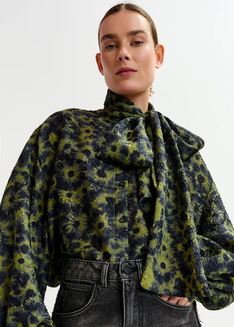 Essentiel Antwerp Green & Navy Jacquard PussyBow Blouse