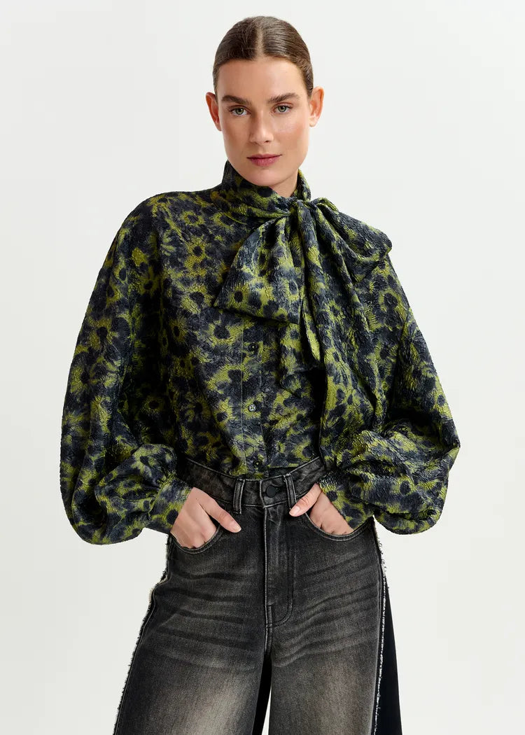 Essentiel Antwerp Green & Navy Jacquard PussyBow Blouse