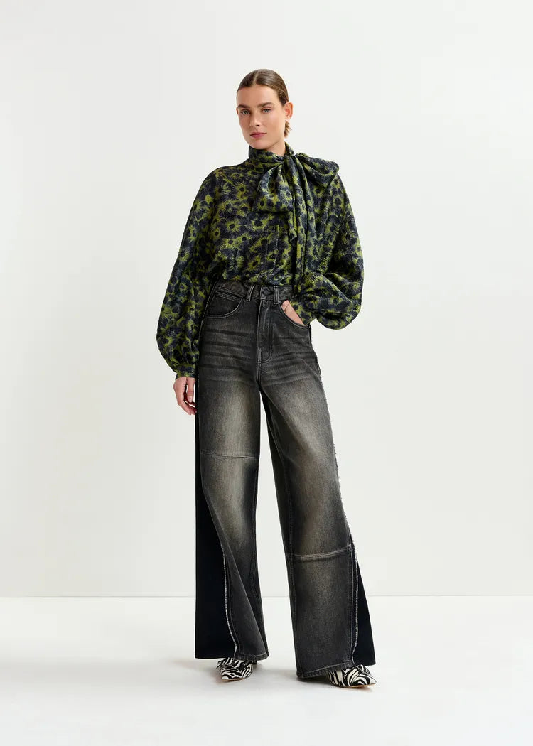 Essentiel Antwerp Green & Navy Jacquard PussyBow Blouse