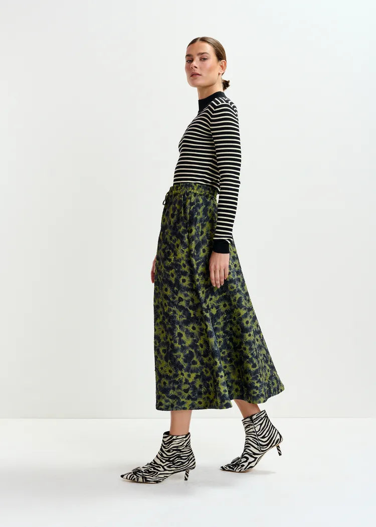 Essentiel Antwerp Green & Navy Jacquard Full Circle Midi Skirt