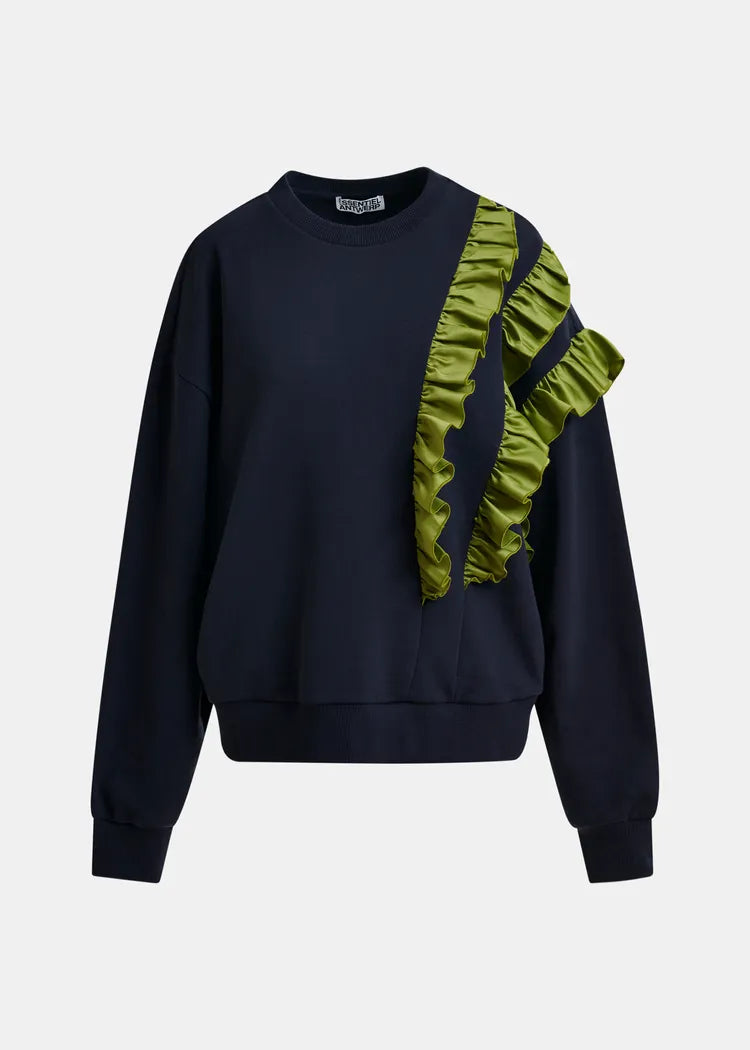 Essentiel Antwerp Navy Sweatshirt with Green Frill Trim