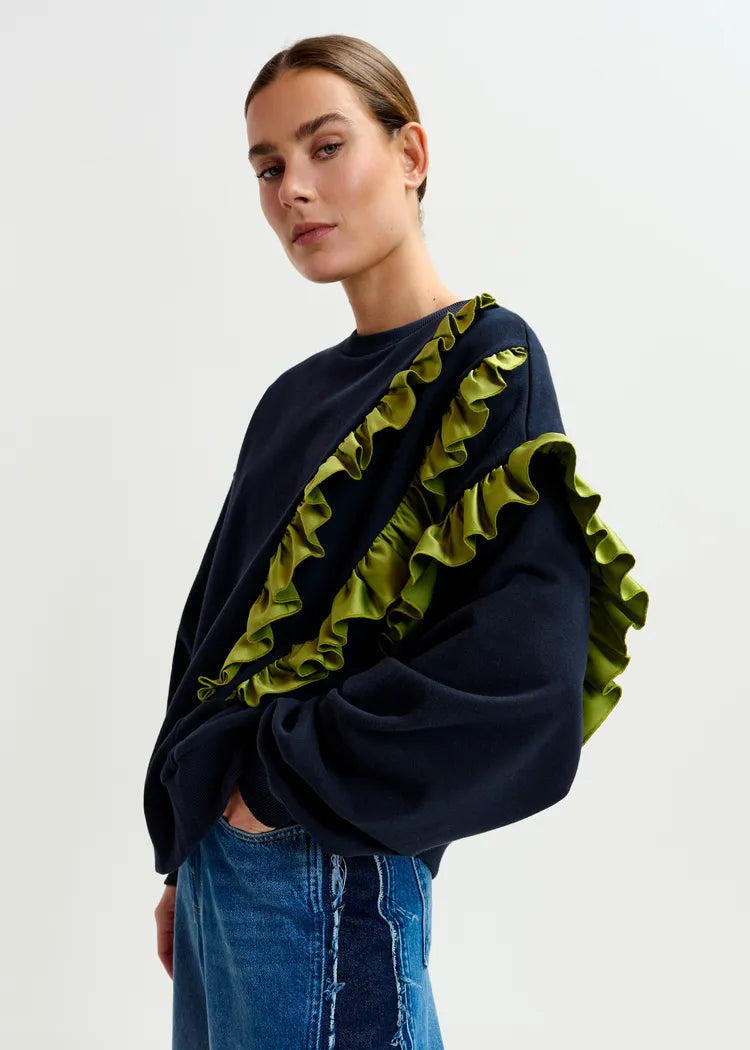 Essentiel Antwerp Navy Sweatshirt with Green Frill Trim