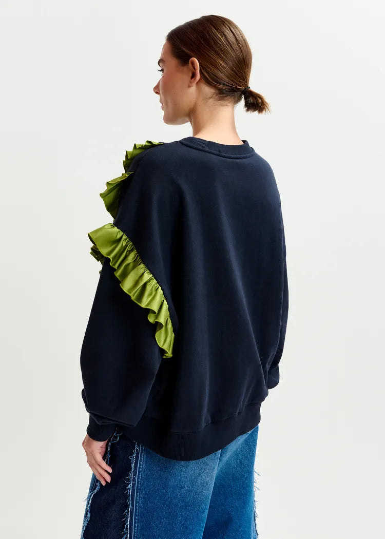 Essentiel Antwerp Navy Sweatshirt with Green Frill Trim