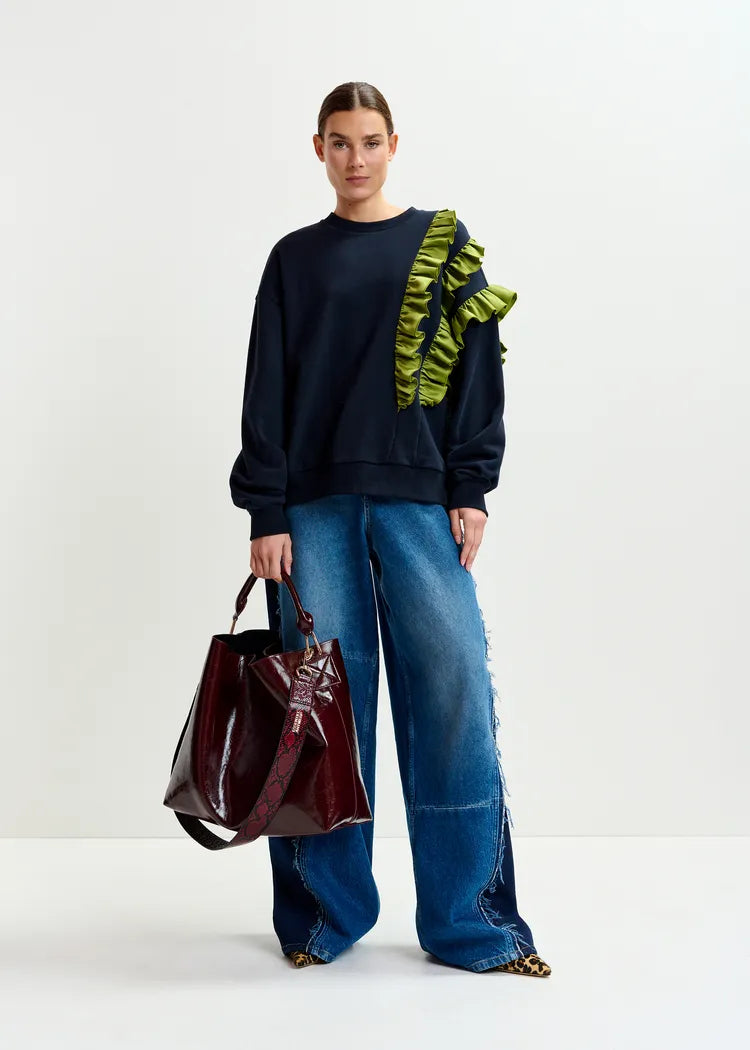 Essentiel Antwerp Navy Sweatshirt with Green Frill Trim