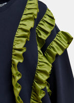 Essentiel Antwerp Navy Sweatshirt with Green Frill Trim