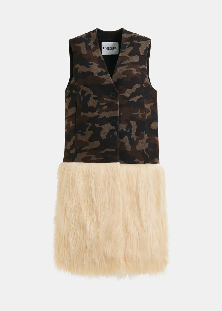 Essentiel Antwerp Khaki Camouflage Wool-Blend Long Gilet Jacket with Off-White Faux Fur
