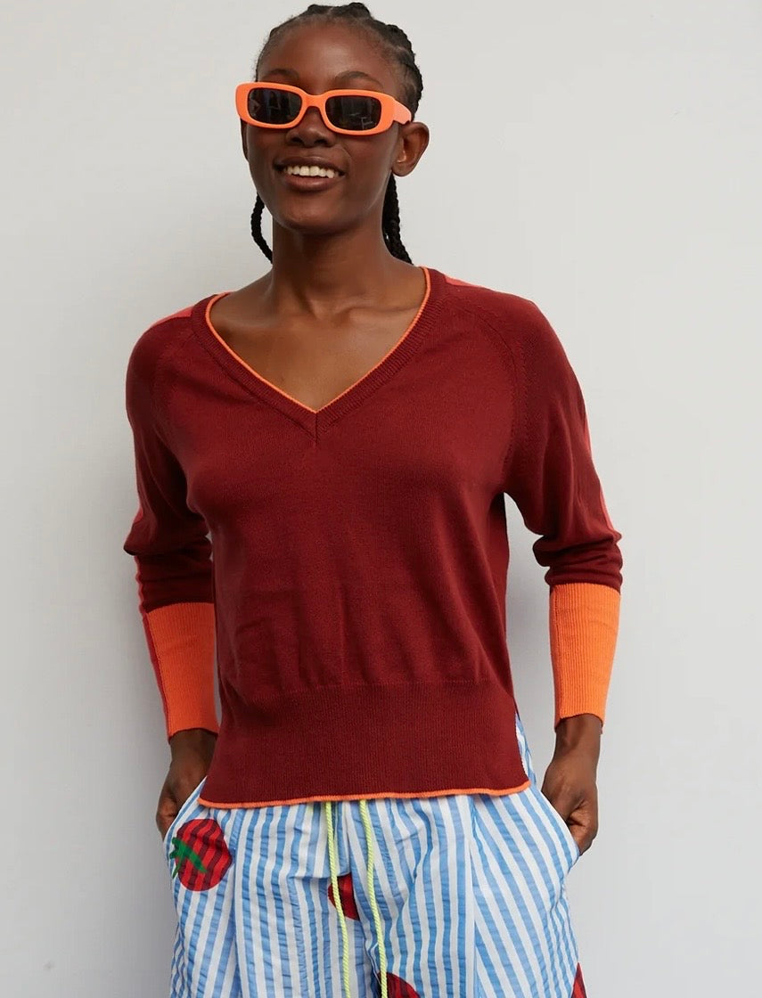 Dr. Bloom Burgundy V- Neck Sweater
