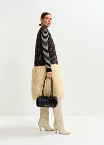Essentiel Antwerp Khaki Camouflage Wool-Blend Sleeveless Jacket with Off-White Faux Fur