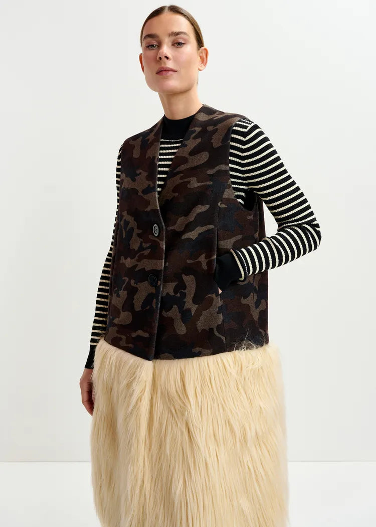 Essentiel Antwerp Khaki Camouflage Wool-Blend Long Gilet Jacket with Off-White Faux Fur