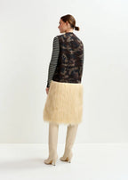 Essentiel Antwerp Khaki Camouflage Wool-Blend Long Gilet Jacket with Off-White Faux Fur