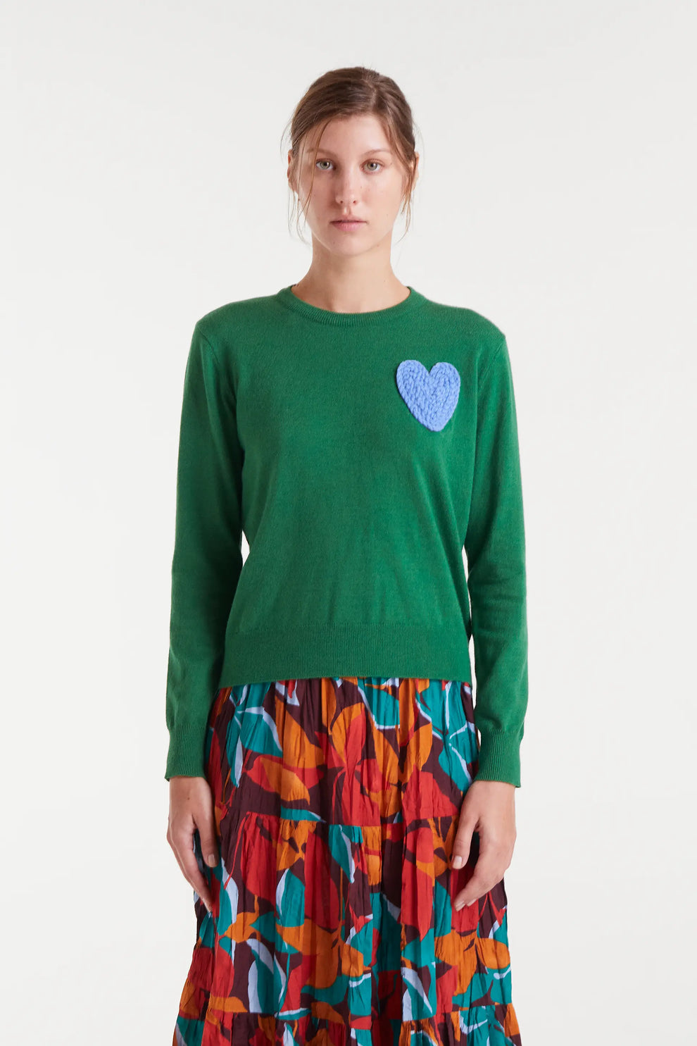 Compañia Fantástica Green Fine Knit Jumper with Blue Crochet Heart