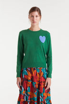 Compañia Fantástica Green Fine Knit Jumper with Blue Crochet Heart