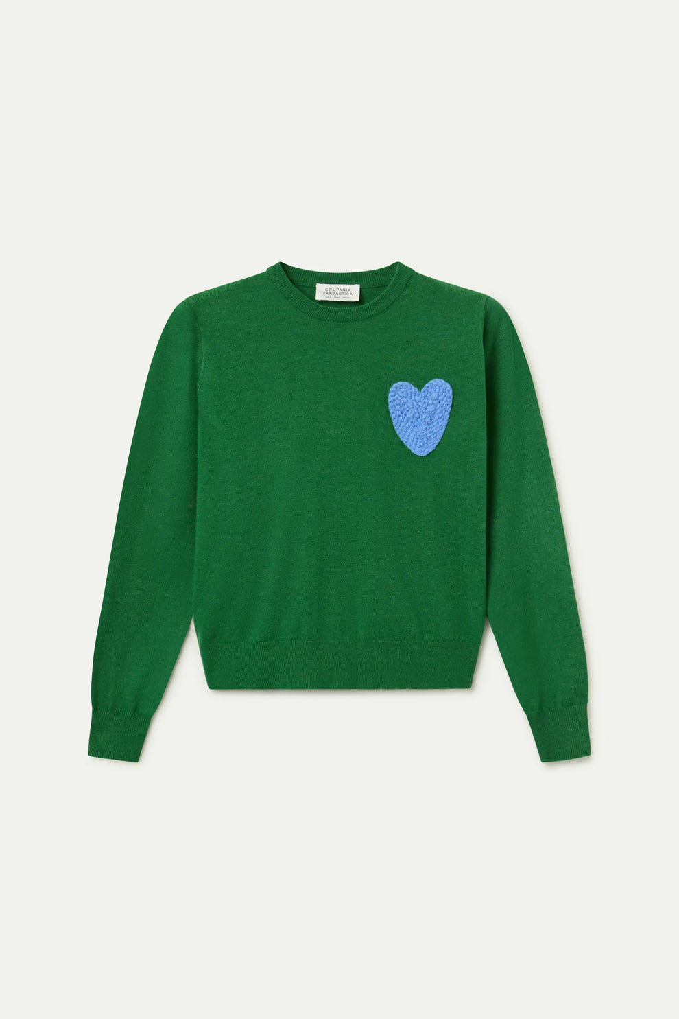Compañia Fantástica Green Fine Knit Jumper with Blue Crochet Heart