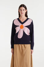 Compania Fantastica Navy V-Neck Sweater with Graphic Flower Print