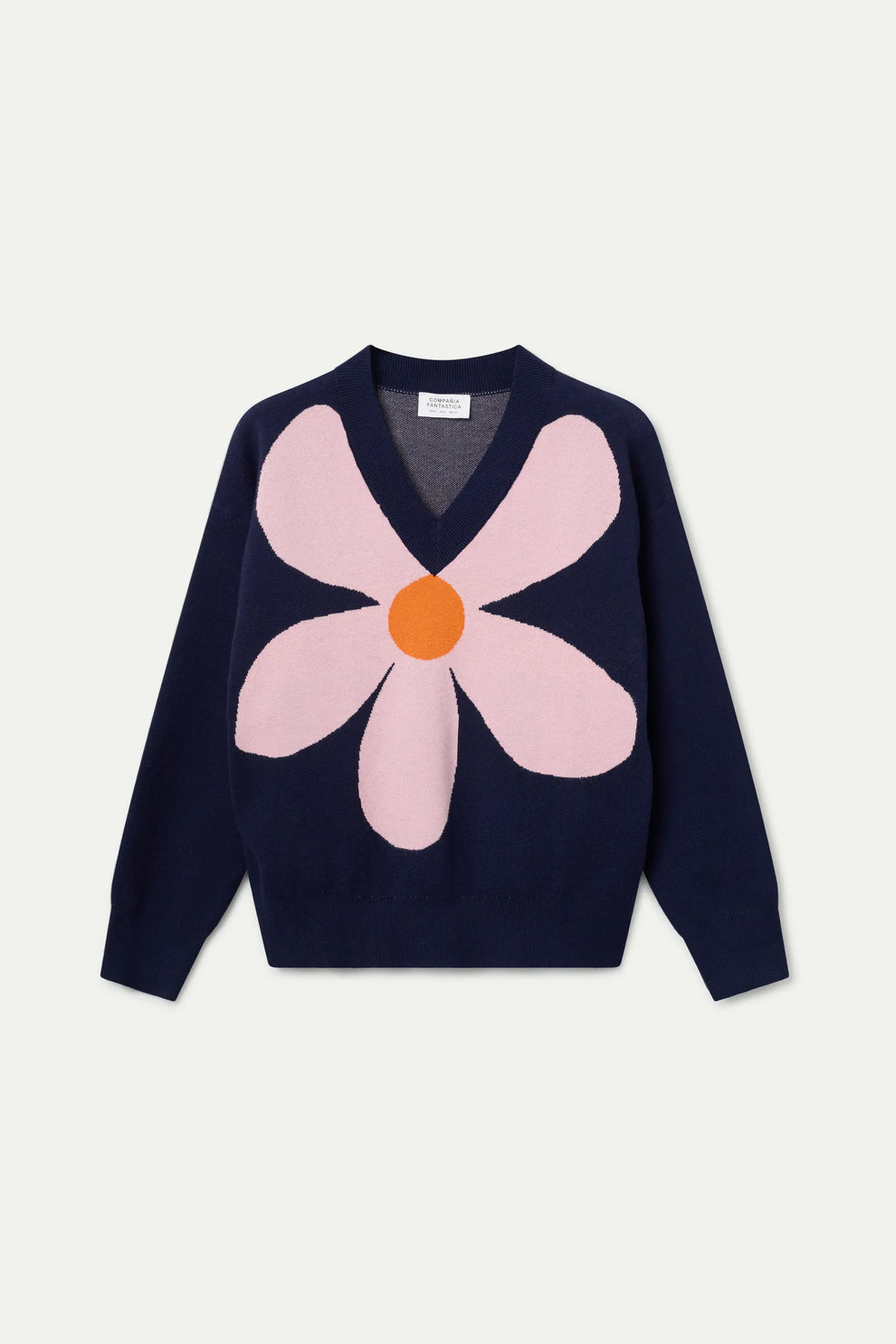 Compania Fantastica Navy V-Neck Sweater with Graphic Flower Print