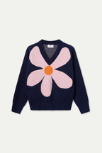 Compania Fantastica Navy V-Neck Sweater with Graphic Flower Print