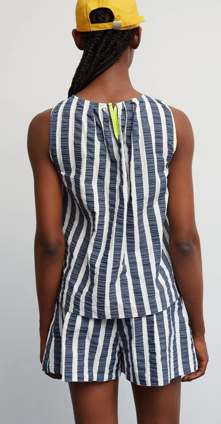 Dr. Bloom Petrol Blue & White Stripe Seersucker Top