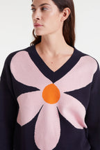 Compania Fantastica Navy V-Neck Sweater with Graphic Flower Print