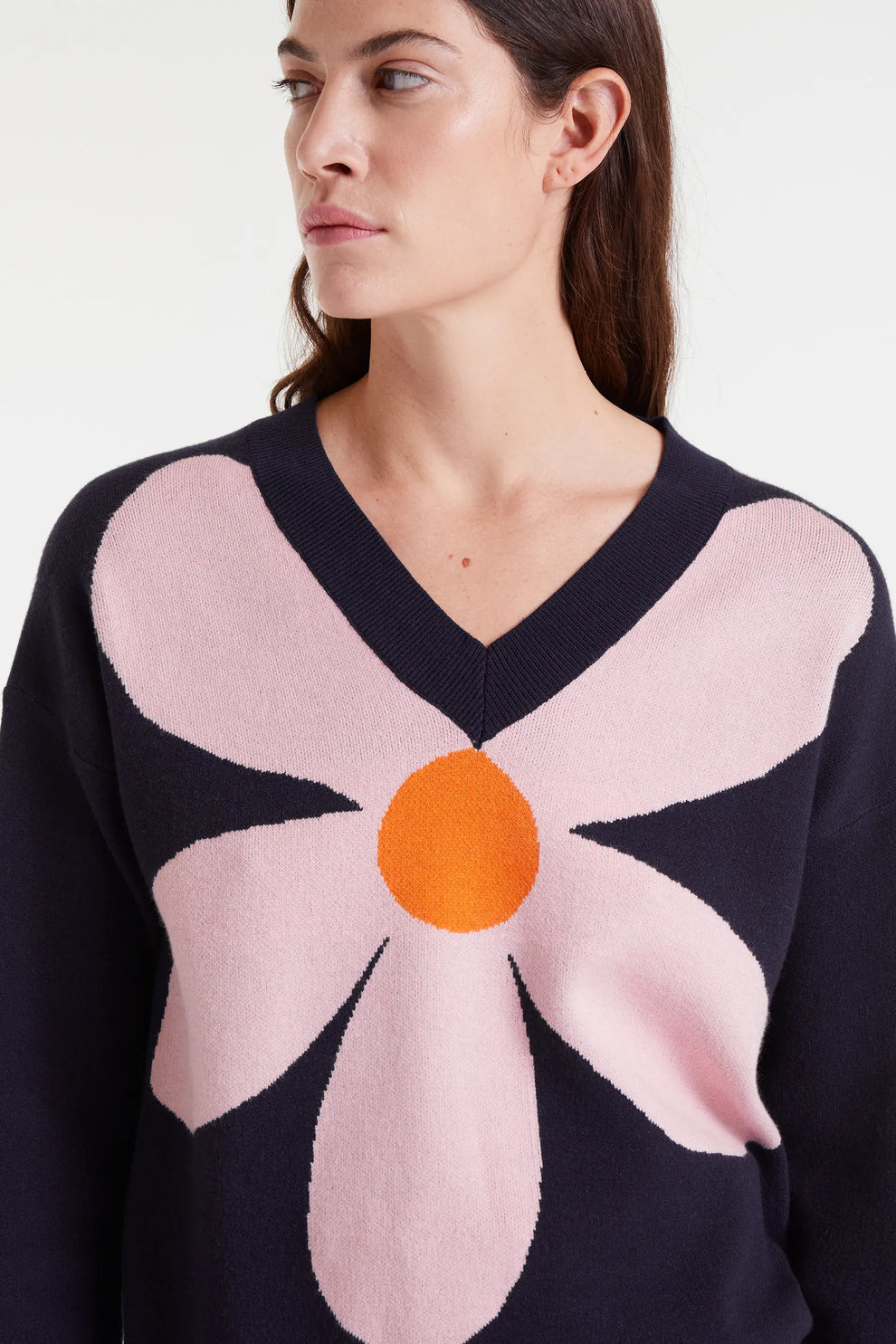 Compania Fantastica Navy V-Neck Sweater with Graphic Flower Print