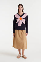 Compania Fantastica Navy V-Neck Sweater with Graphic Flower Print