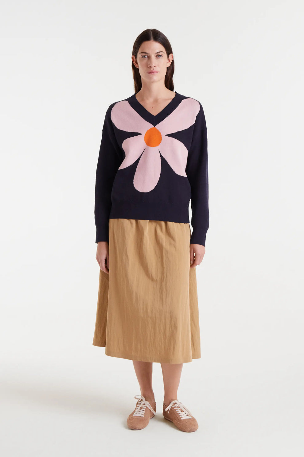 Compania Fantastica Navy V-Neck Sweater with Graphic Flower Print