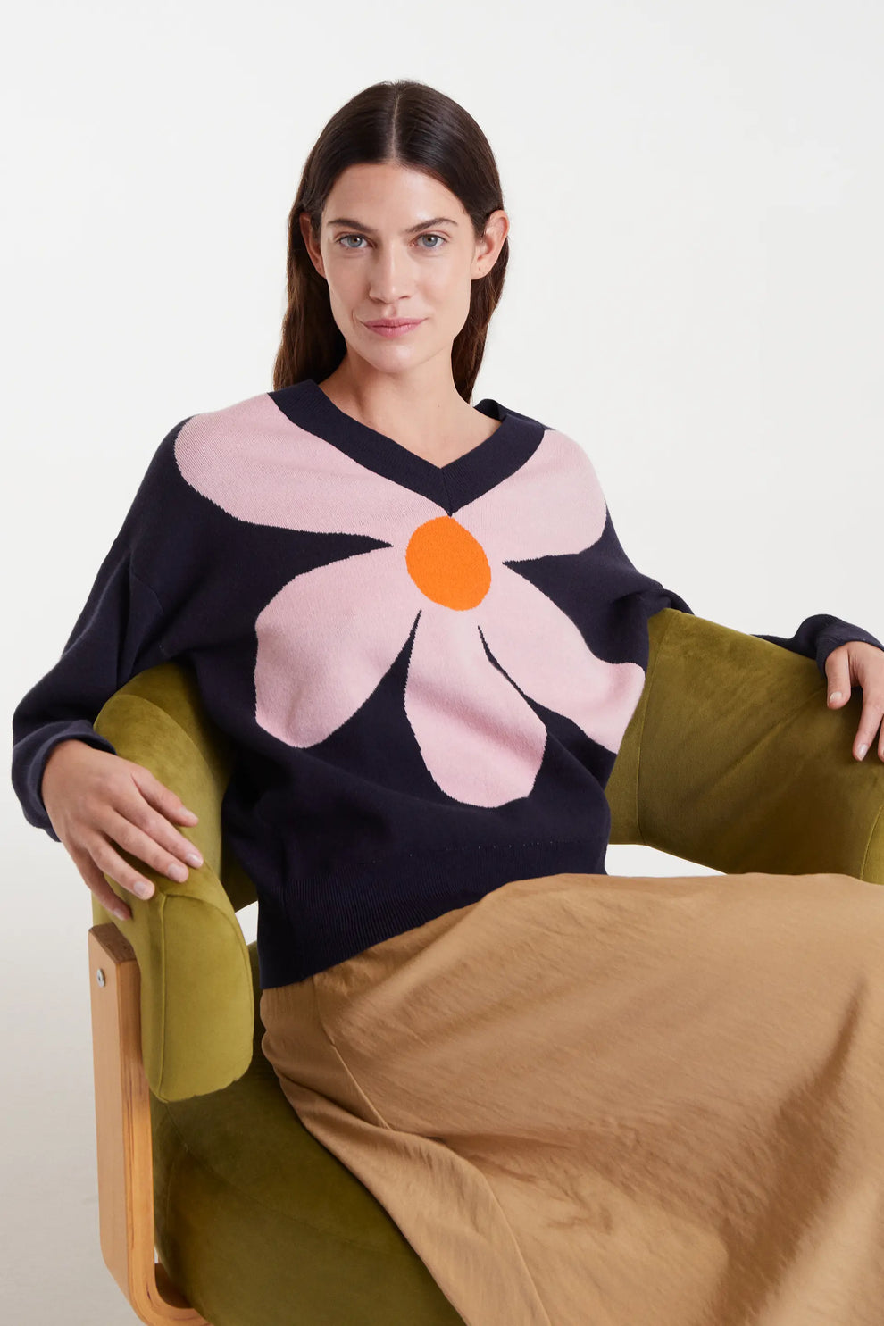 Compania Fantastica Navy V-Neck Sweater with Graphic Flower Print